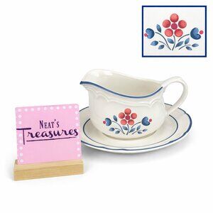 Hearthside CUMBERLAND BRAMBLEBERRY Stoneware Blue Gravy Sauce Boat w Underplate